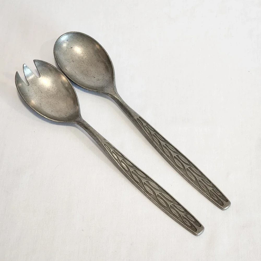 VTG TH‎ Marthinsen Norway Salad Servers Spoon Spork Pewter Norwegian Leaf Design
